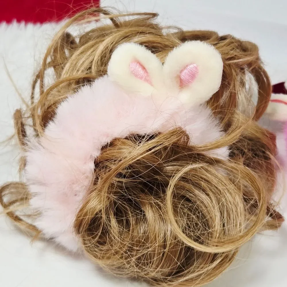 Fluffy Bunny Ear Hair Ties Pink Barbiecore Faux Fur Rabbit Set 2pc Scrunchies